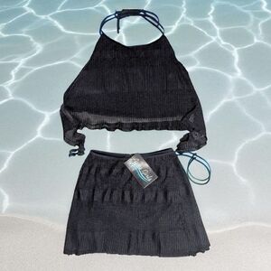 NWT S/M French Swim Wrap Skirt Halter Set Black Stretch Tie Back Lined